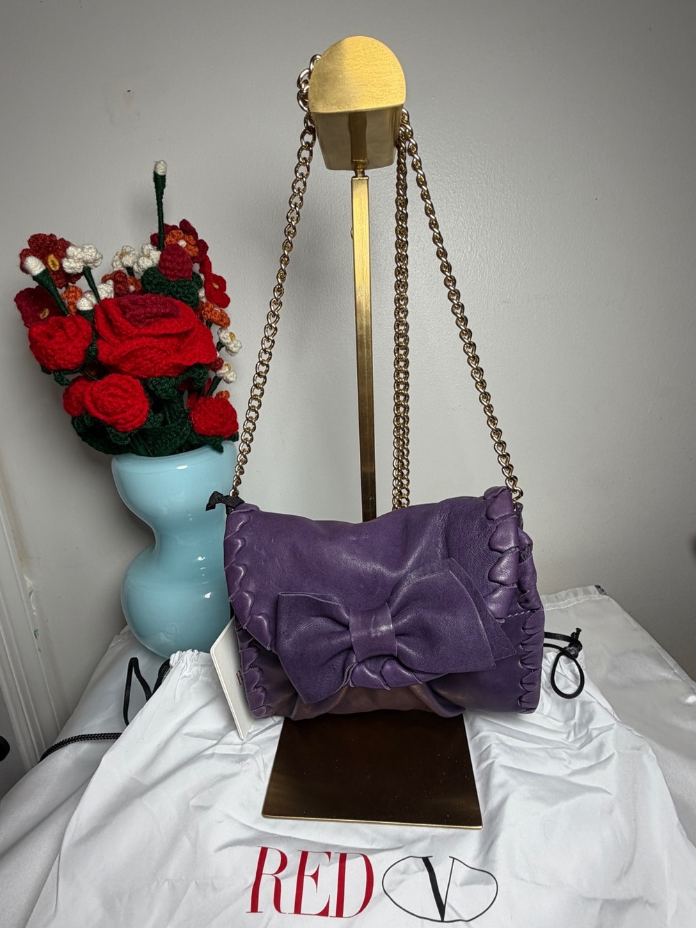 Red Valentino Purple Leather Shoulder Bag With Bow Detail & Gold Chain Strap NWT